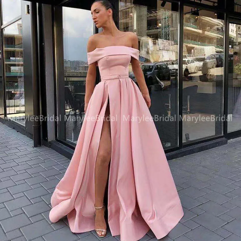 Изящное длинное платье для выпускного вечера трапециевидной формы с открытыми плечами и разрезом спереди; розовое атласное платье в пол; vestido de festa; вечернее платье для женщин