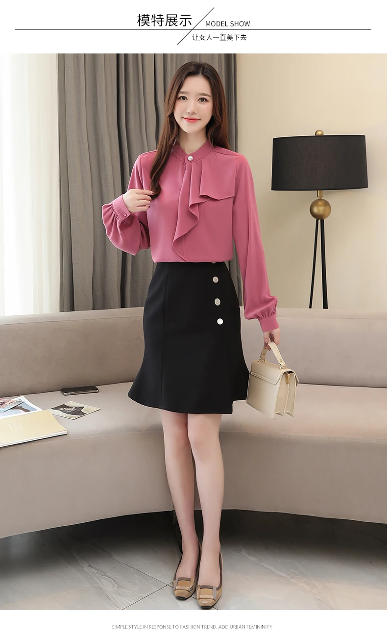 Осень, Новое поступление, топы свободного размера плюс S-3XL, воротник стойка, оборки, сплошной цвет, длинный рукав, женская шифоновая блузка