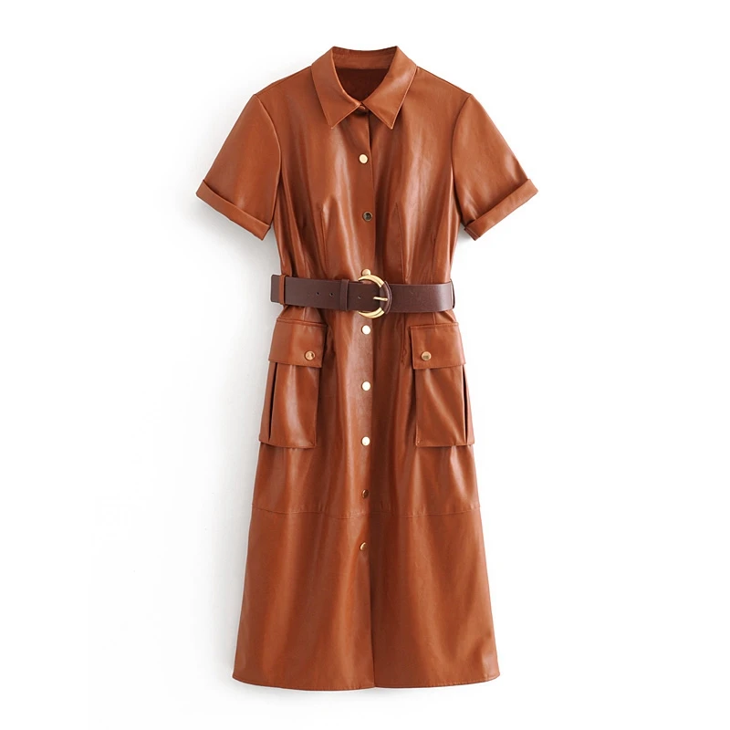 Tangada женское платье из искусственной кожи с поясом и коротким рукавом в стиле ретро элегантное коричневое платье средней длины vestido 3H166 - Цвет: Коричневый