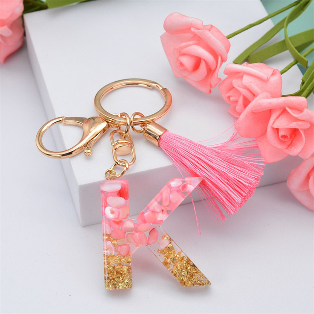 Creative Letter Alphabet Crystal Arylic Liquid Keychain Women Key Chains Ring Car Bag Tassels Pendent Charm Gift Accessory