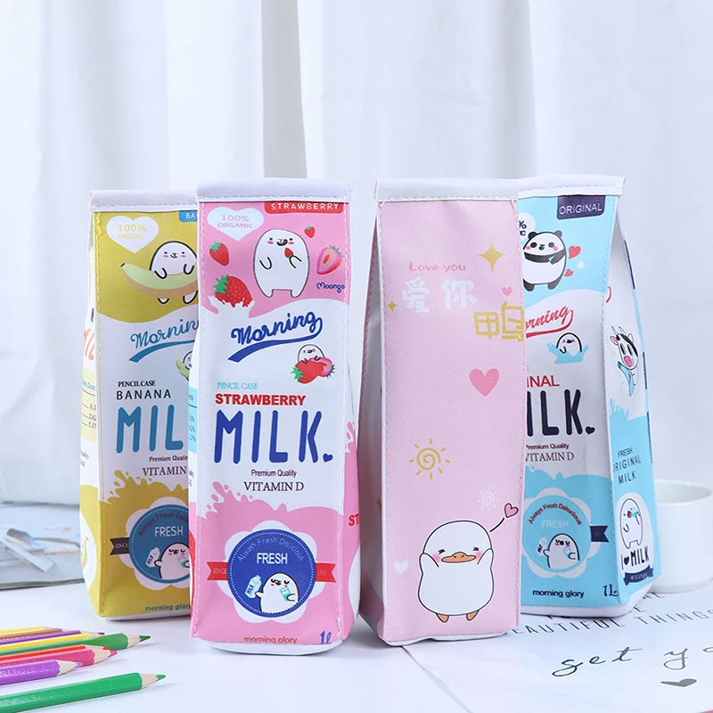 1pcs Cartoon Milk Bottle School Pencil Case Cute Pu Pen Bag Storage Pouch Stationery