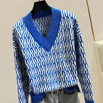 

V-neck Sweater Women's New Spring Winter Loose Lazy Wind Slit-Hem Slimming Sweater Female Clothing Sweaters Jumper Femme Pull