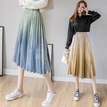 Милая плиссированная юбка с градиентом для женщин; сезон осень-зима; Новинка; Корейская велюровая трапециевидная юбка с высокой талией; элегантная тонкая длинная бархатная юбка; Mw867
