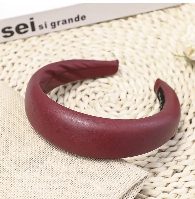 Новая толстая губка оголовье гладкая искусственная кожа Hairband для женщин твердая Осенняя лента для волос широкий тюрбан Украшения для волос оптом - Цвет: red wine hairband