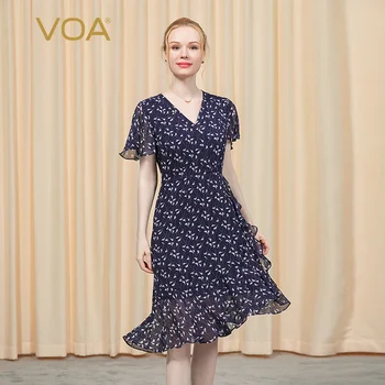 

VOA Silk 16mm Georgette Blue and White Bird Sweetheart Neckline Flounced Sleeves Slim Slimming Slim and Elegant Dress AX126