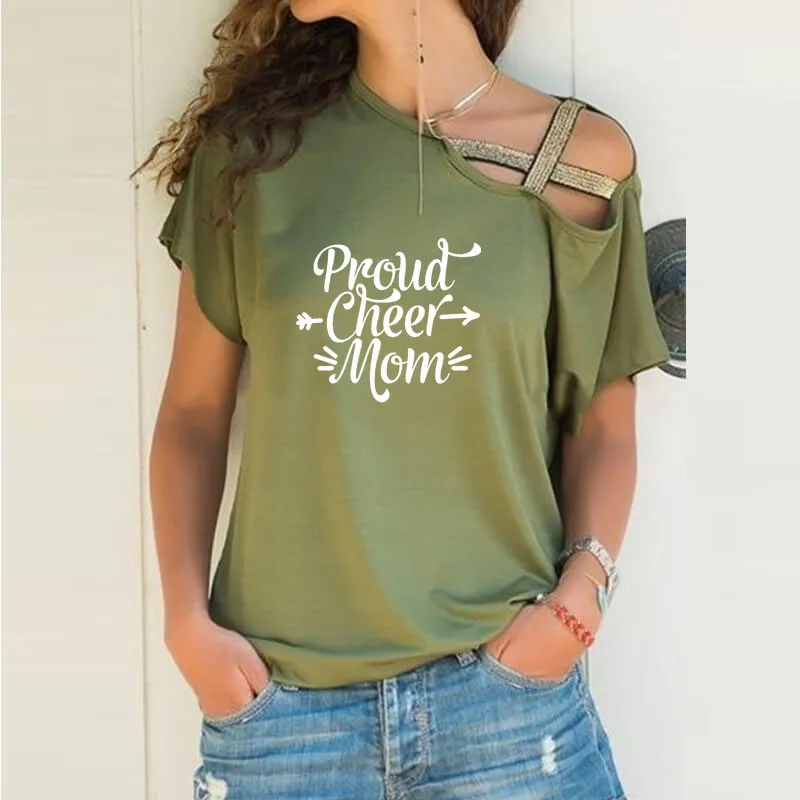 armyGreen Надпись Cheer MOM с надписью Proud, свободная футболка для женщин, необычная футболка, сексуальные топы в стиле панк, Харадзюку, футболка с перекрестной повязкой на шее, подарок для матери - Цвет: armyGreen