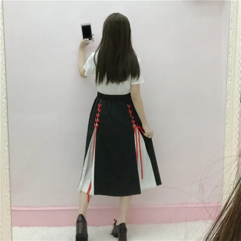 Женские летние плиссированные юбки, винтажная юбка-пачка с высокой талией, пэчворк, Harajuku, черные студенческие трапециевидные юбки средней длины