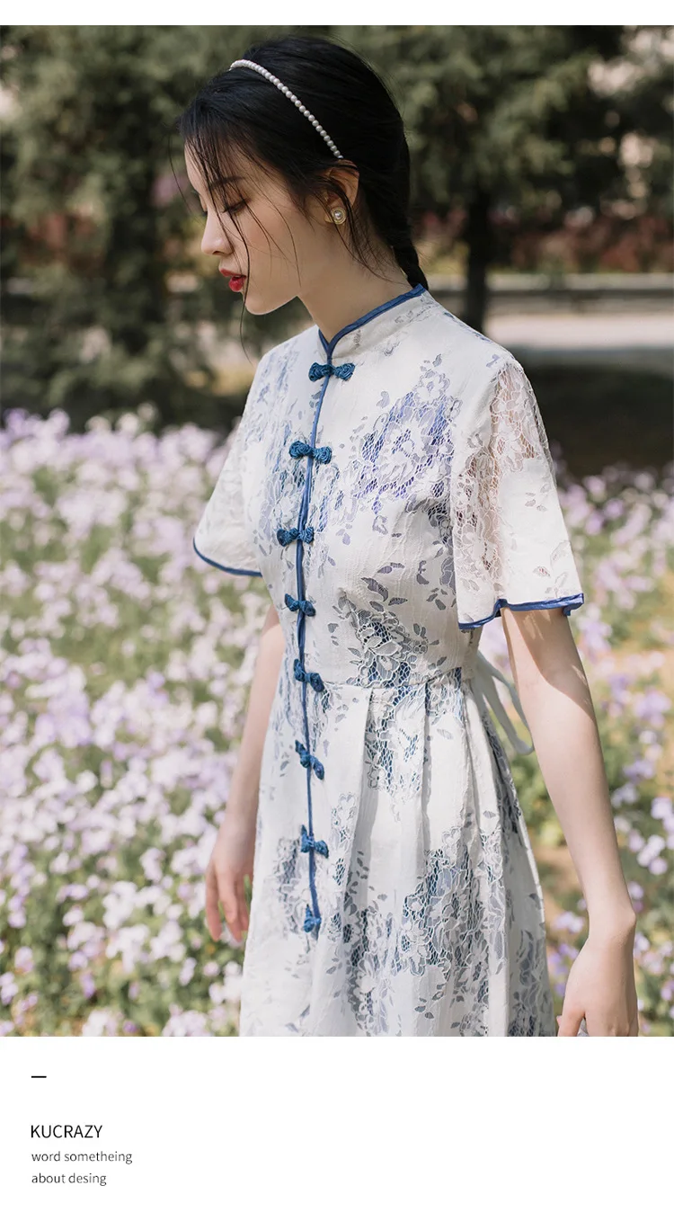 Летний Стиль Ретро китайский стиль синий и белый фарфор улучшенный Cheongsam Элегантность свежее кружевное Открытое платье