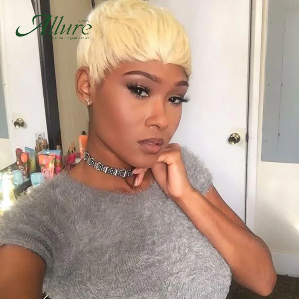 Pixie Cut Wig Straight Short Blonde Hair With Bangs For Black Women Remy Brazilian Human Hair Full Wig Free Shipping Allure Full Machine Wigs Aliexpress