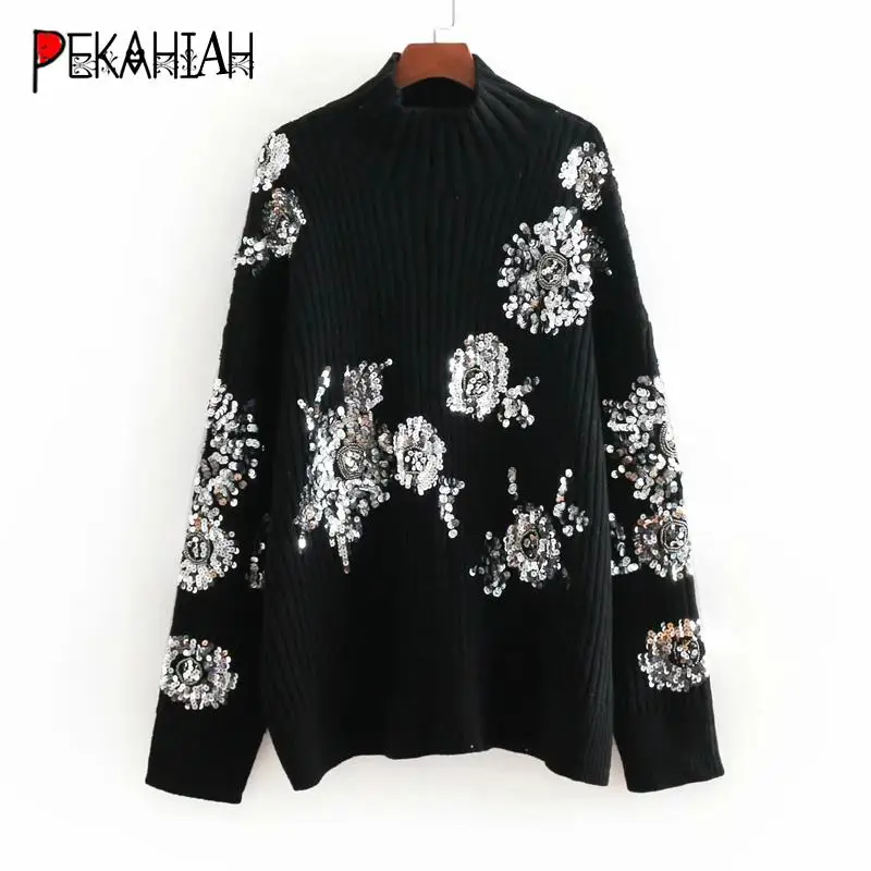 Модный вязаный свитер с блестками и высоким воротником для женщин, женская повседневная плотная женская зимняя одежда в Корейском стиле