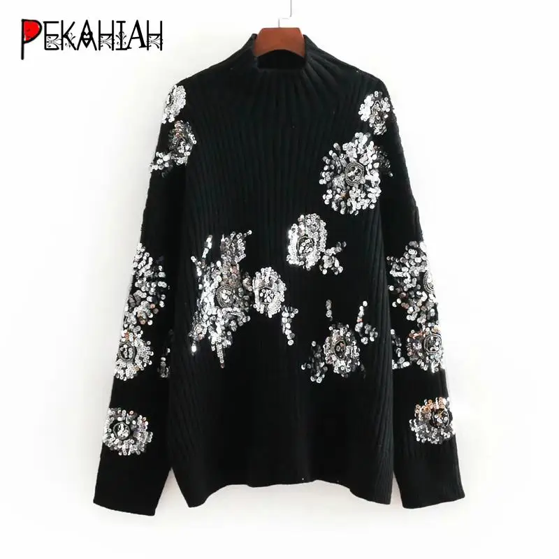 Fashion sequin turtleneck knitted sweater women pullove casual thick pull femme korean winter clothes 2019 | Женская одежда