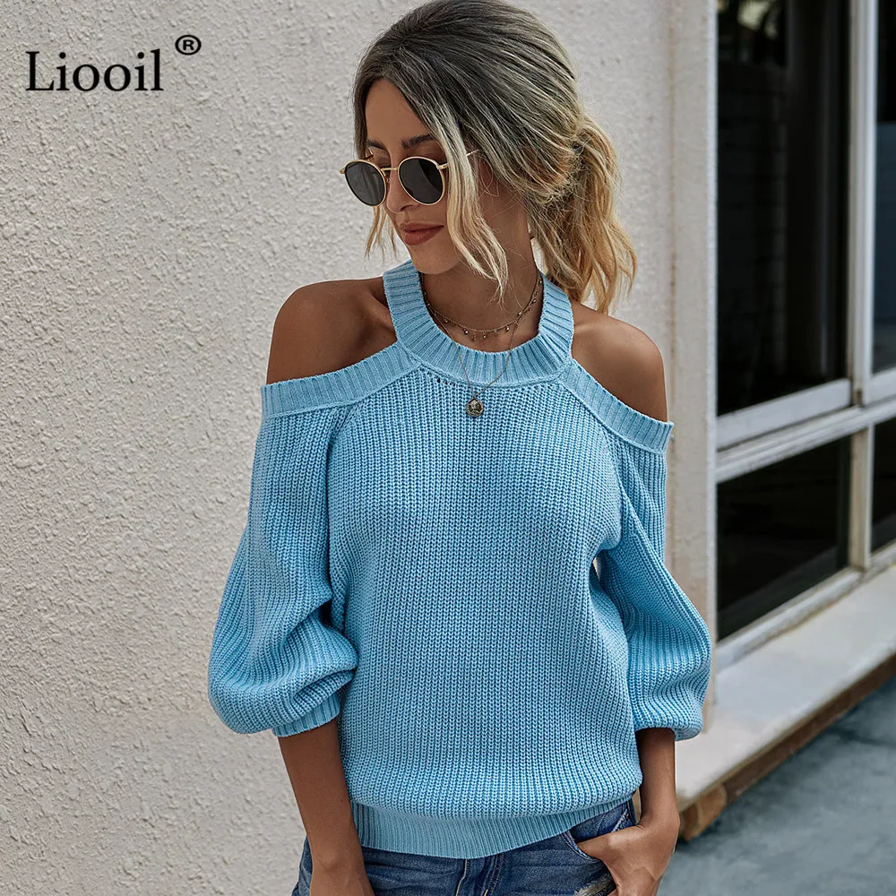 

Liooil Knit Sexy Off Shoulder Sweater Women 2020 Hollow Out Long Sleeve Lantern Sleeve O Neck Streetwear Solid Womens Pullovers