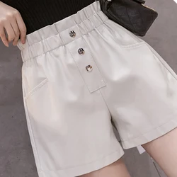 Moda couro do plutônio shorts mulher de alta qualidade perna larga falso shorts de couro elástico cintura alta 2021 outono inverno novas calças curtas