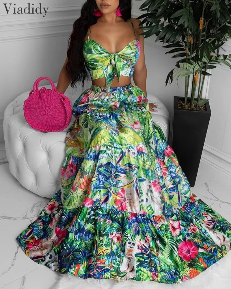 Women Bohemian Style 2pcs Suits Floral Print Sleeveless Knot Front Design Top and Print Ruched Maxi Skirt Set Women Bohemian Style 2pcs Suits Floral Print Sleeveless Knot Front Design Top and Print Ruched Maxi Skirt Set