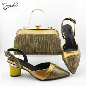 

Popular gold African pointed toe shoes with bag sets Fashion shoes and purse series MD018, heel height 7cm