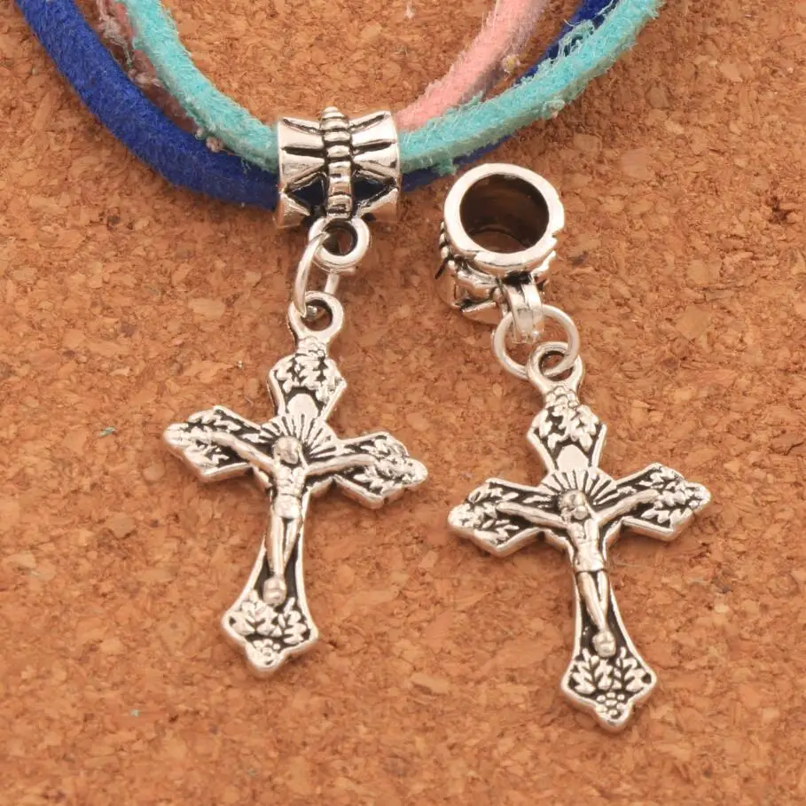 Jesus Christ Crucifix Cross Religious Big Hole Beads 15.2x35.3mm 100PCS Zinc Alloy Dangle Fit European Charm Bracelets B427