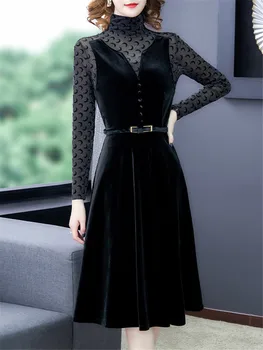 

Black high-end dress female long-sleeved spring and autumn new high-necked waist was thin bottoming A-line dress in the long se