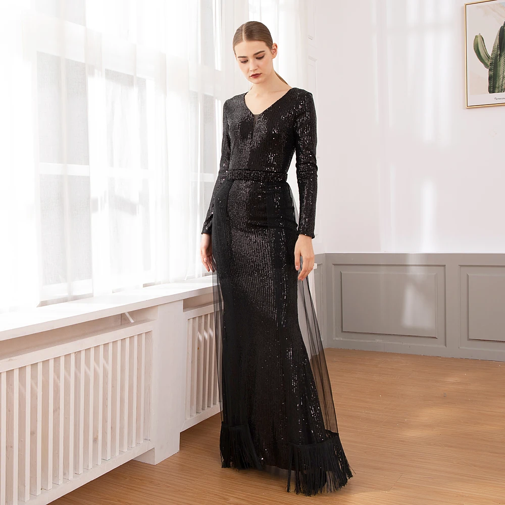 Volledige Mouwen Gestreept Lovertjes V-hals Maxi Jurk Patchowrk Stretchy Hollow Out Lange Party Jurk met Kwastje Mesh Treinen Skrit Volledige Mouwen Gestreept Lovertjes V-hals Maxi Jurk Patchowrk Stretchy Hollow Out Lange Party Jurk met Kwastje Mesh Treinen Skrit