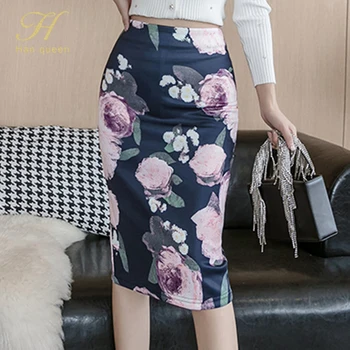 

H han queen Print Flowers Women Skirt Korean Style Work Casual Pencil Skirts New Autumn Faldas Mujer Vintage Women's Clothing