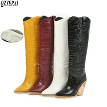 Черные, желтые, белые сапоги до колена; ковбойские сапоги в западном стиле для женщин; высокие зимние сапоги с острым носком; ковбойские мотоботы на танкетке
