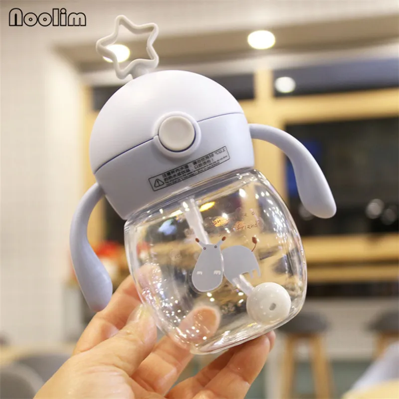 Blue Creative Star Children Straw Cup Water Bottle With Straw Baby Kids Drinking Water Milk Bottle With Handle Training Cup Drinkware - Color: Blue