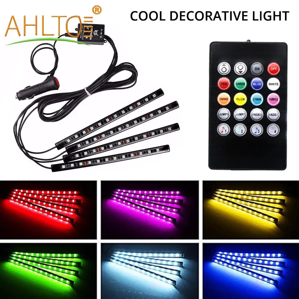 

4X Car Dome RGB 5050 12SMD Led Flexible Floor Strip Light Auto Remote Control Decorative Interior Lamp Atmosphere Bar Kit DC 12V