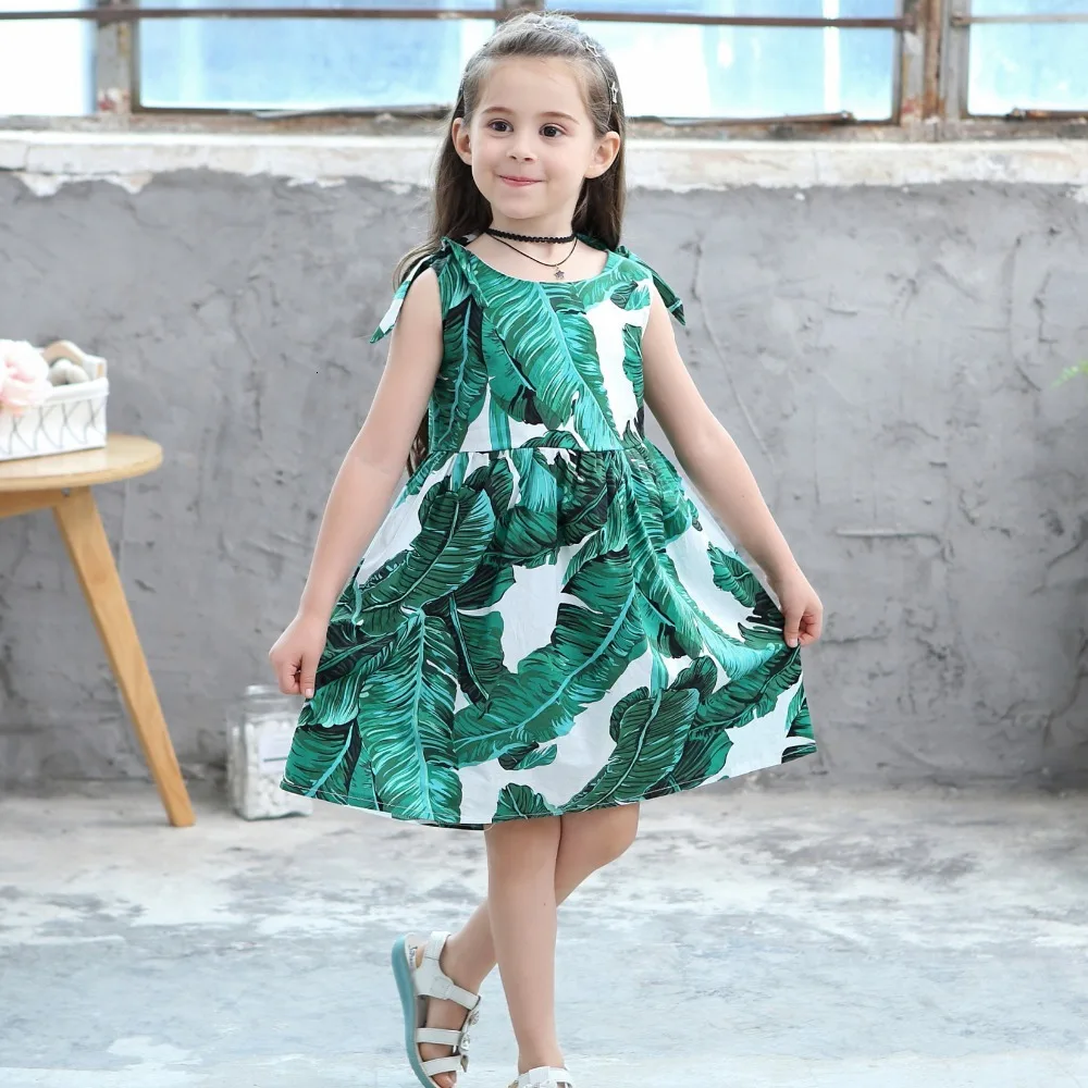 Kids Girls Dresses Fashion Children Big Leaves Print Clothes Summer