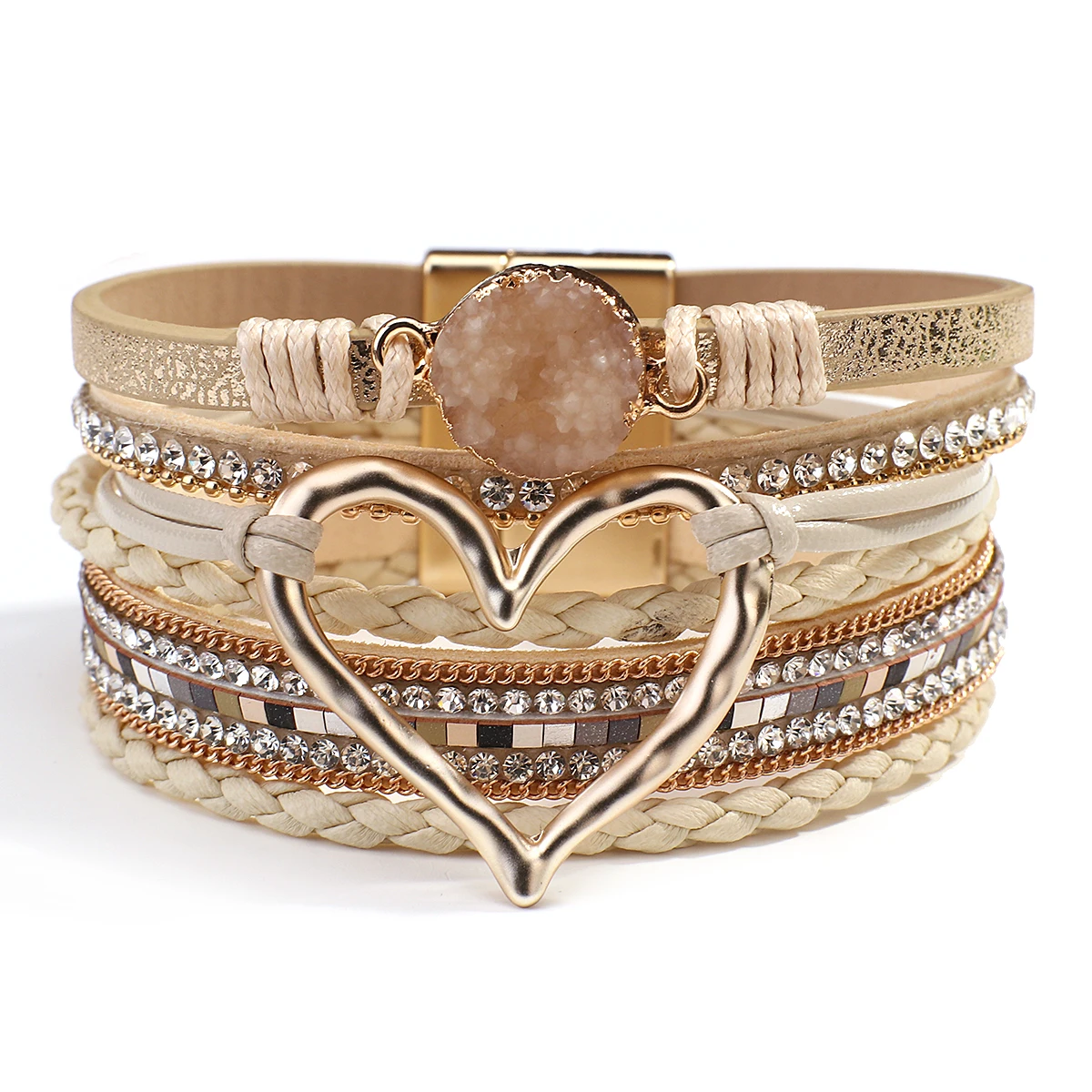 Amorcome Fashion Braided Leather Wrap Bracelets Bangles Multilayer Resin Stone Hollow Heart Charm Bracelets Women Gift Pulseira - Image 5