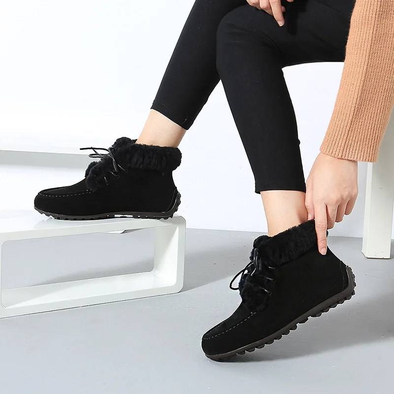 Skup SWYIVY śniegowe buty zimowe ciepłe krowy zamszowe sznurowane mieszkania Warterproof wysokiej jakości futrzane botki duże rozmiary kobiece płaskie buty