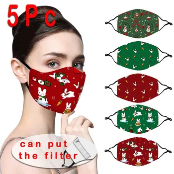 

5pc Christmas Adult Unisex Print Mouth Masks Washable Earloop Mask Protective Face Mask Windproof Anti-ultraviolet Masks