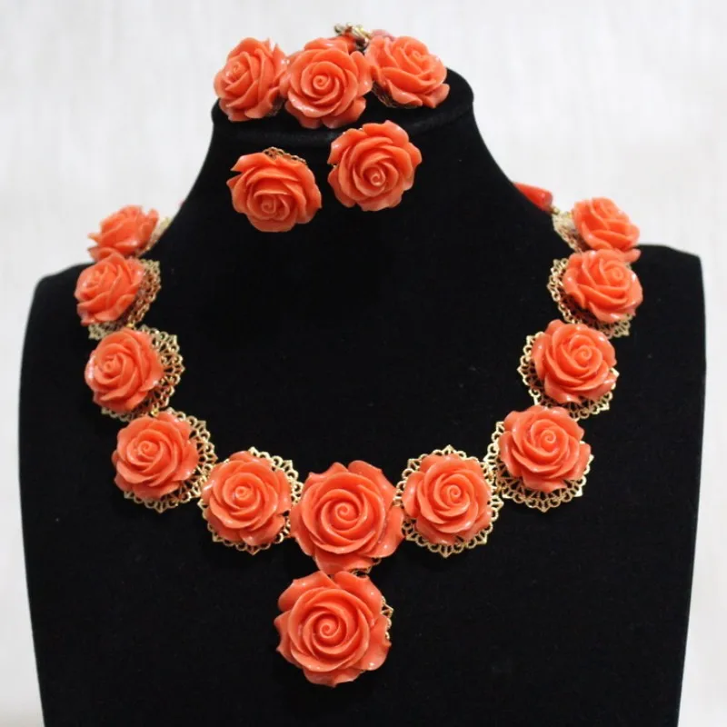 

4UJewelry African Beads Jewelry Set Orange Coral Flowers Nigeria Set 3 Pieces Earrings Bracelet and Necklace Set For Bride Women