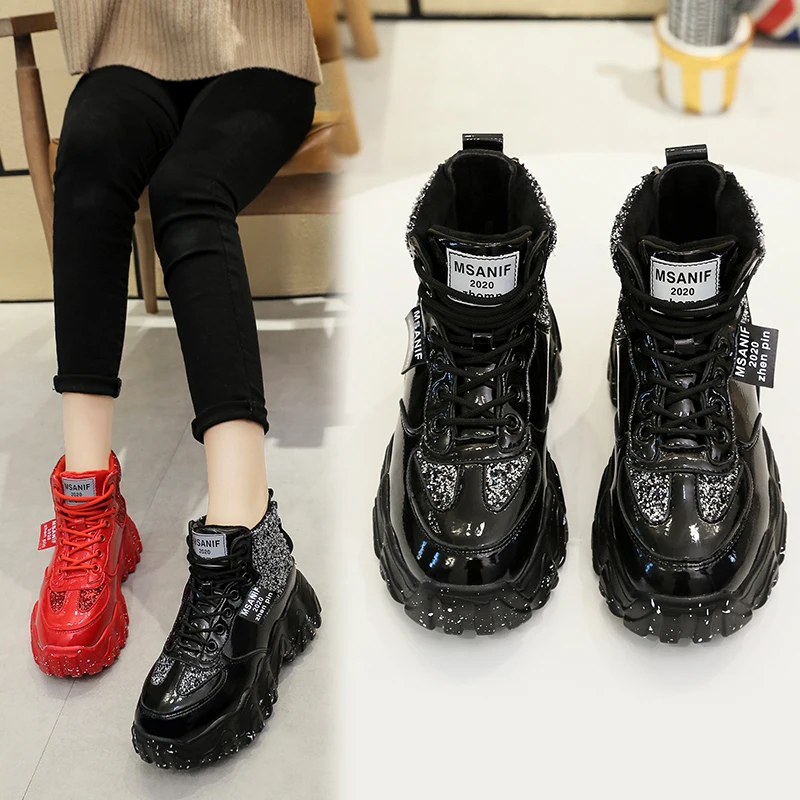 

platform shoes chunky sneakers 2020 new Paillette bling sequin high-tops cross-tied mixed colors short plush Anti-slip