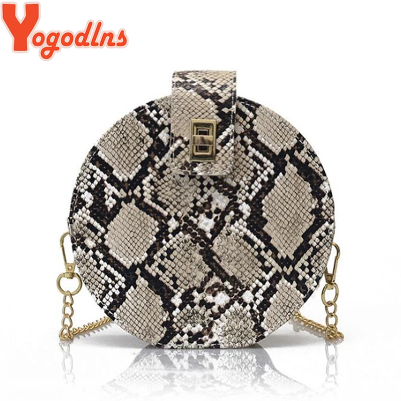 

Yogodlns Chic Round Snake' Skin Pattern Women Bag Chain Shoulder Mini Crossbody Bags for Female Circle Messenger Bag Lock Clutch