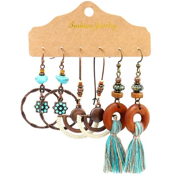 

1 Set Doreen Box Women Drop Earrings Set Bohemian Geometric Round Leaves Wood Beads Ethnic Long Tassel Dangle Earrings Jewelry