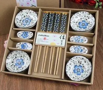 Японский Стиль вишня в цвету Керамика суши сашими соевым соусом тарелка посуда набор посуды набор Подарочная коробка(12 шт./компл - Цвет: Blue Cherry