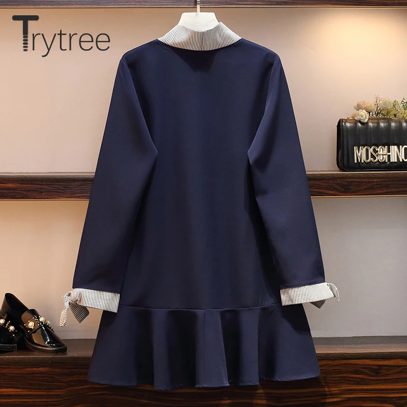 Trytree/осеннее женское платье, полиэстер, повседневное, с бантом, в полоску, в стиле пэчворк, с оборками, подол, платья, Офисная Леди, длина до колена, а-силуэт, свободное платье