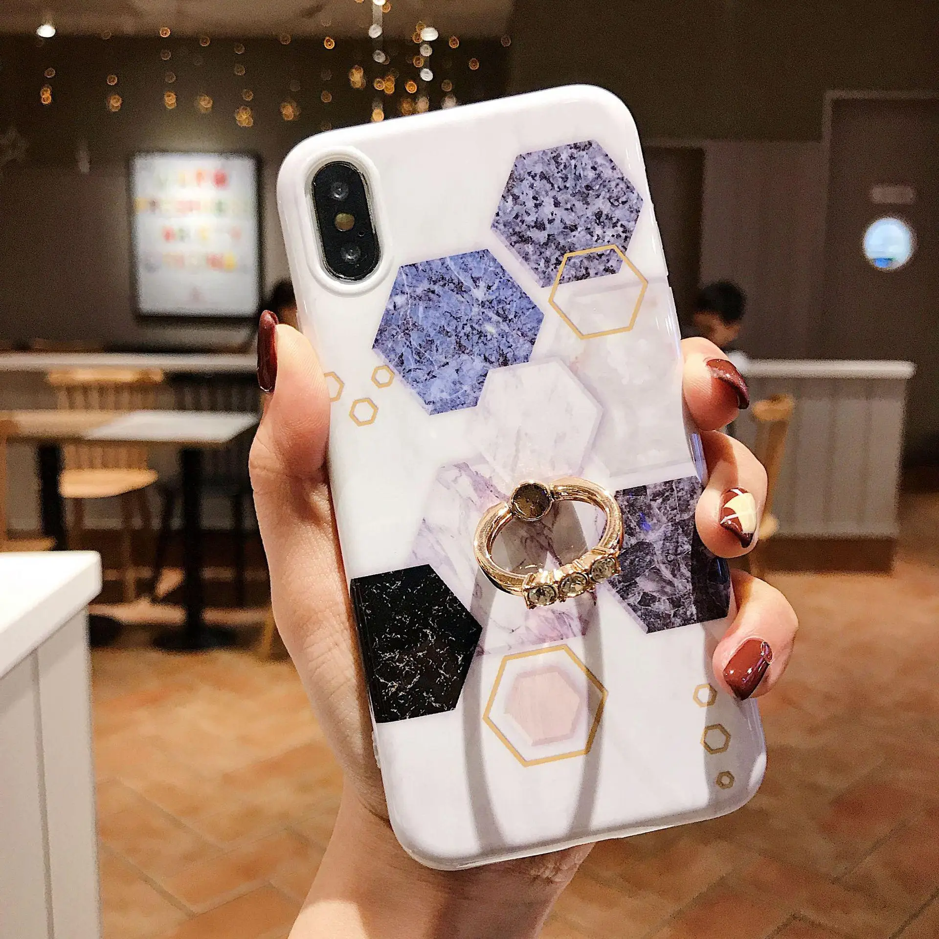 Для iPhone11pro Мрамор оболочки сверлильный кольцевой кронштейн XR для Apple iPhone 7plus с геометрическим рисунком алмаза Soft Shell - Цвет: Небесно-голубой