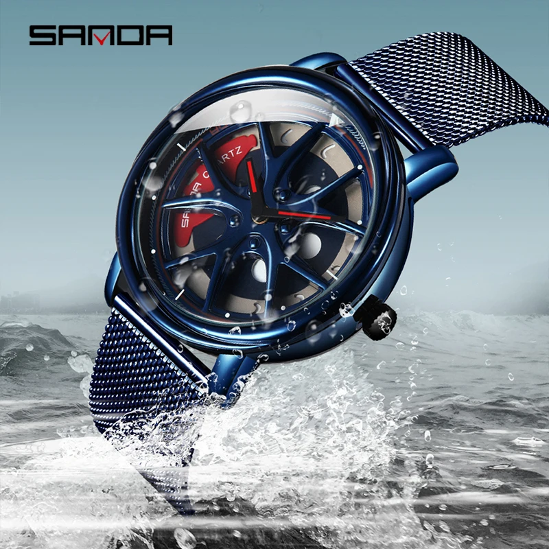 SANDA Special Wheel Shape Rotating Dial Quartz Watches Quality Steel Mesh Belt Life Waterproof Men Watch Relogio Masculino 1025