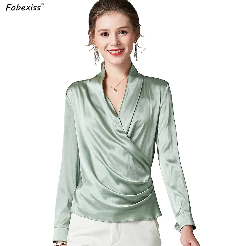

Elegant Green Silk Satin Blouses Office Lady Sexy V Neck Long Sleeved Wrap Waist 100% Natural Silk Blouse Women High Quality