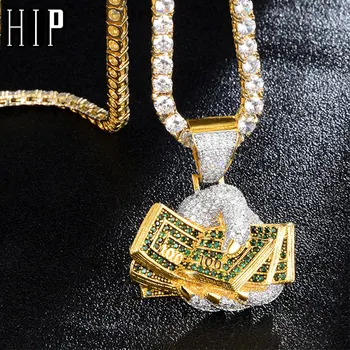 

Hip Hop Bling CZ Hand With Money Dollar Iced Out Cubic Zirconia Necklaces & Pendants For Men Jewelry Charm Tennis Chain