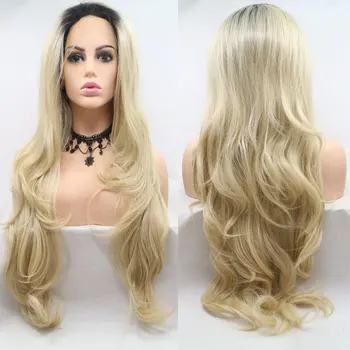 

Dark Roots Ombre Blonde Body Wave 26'' Synthetic Lace Front Wig 150% Density Heat Resistant Fiber Free Part Hair For Women Wigs