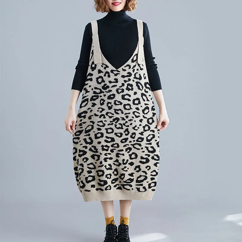 Осень-зима, винтажный комбинезон размера плюс, Леопардовый принт, платье большого размера без рукавов, вязанное платье макси на бретельках для женщин