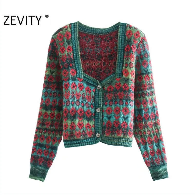 Женский вязаный свитер Zevity с квадратным воротником цветочным принтом длинным