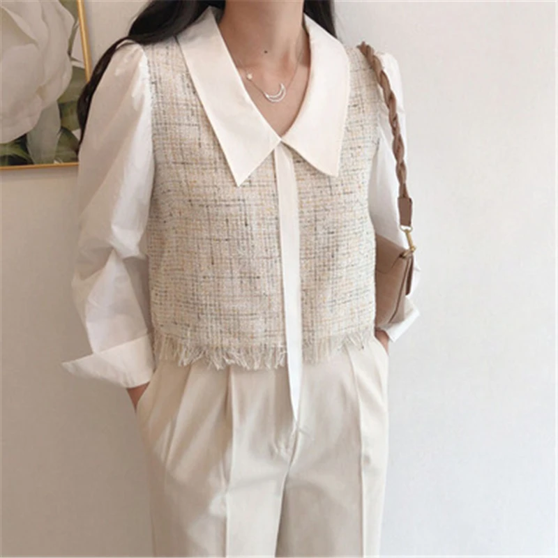 

Elegance Short Blouses Women Fall New Korean Casual Lapel Lace Up Woollen Patchwork Cropped Shirts Female Minimalist OL Shirts