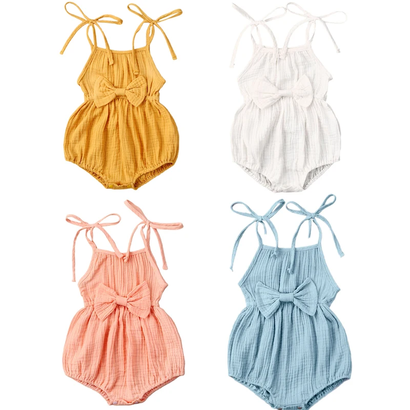 2020 Baby Summer Clothing  Newborn Baby Girl Cute Clothes Srap Romper Cotton Linen Solid Jumpsuit Bowknot Outfits Set Soft carters baby bodysuits	 Baby Rompers