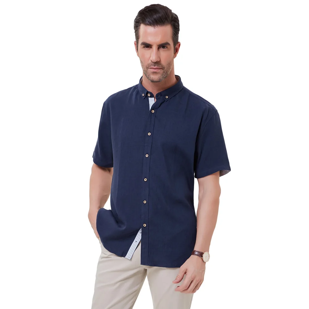 Navy Blue PAUL JONES, мужская повседневная рубашка с коротким рукавом на пуговицах, мягкая льняная рубашка, летняя Удобная Однотонная рубашка с воротником, топы PJ00113 - Цвет: Navy Blue