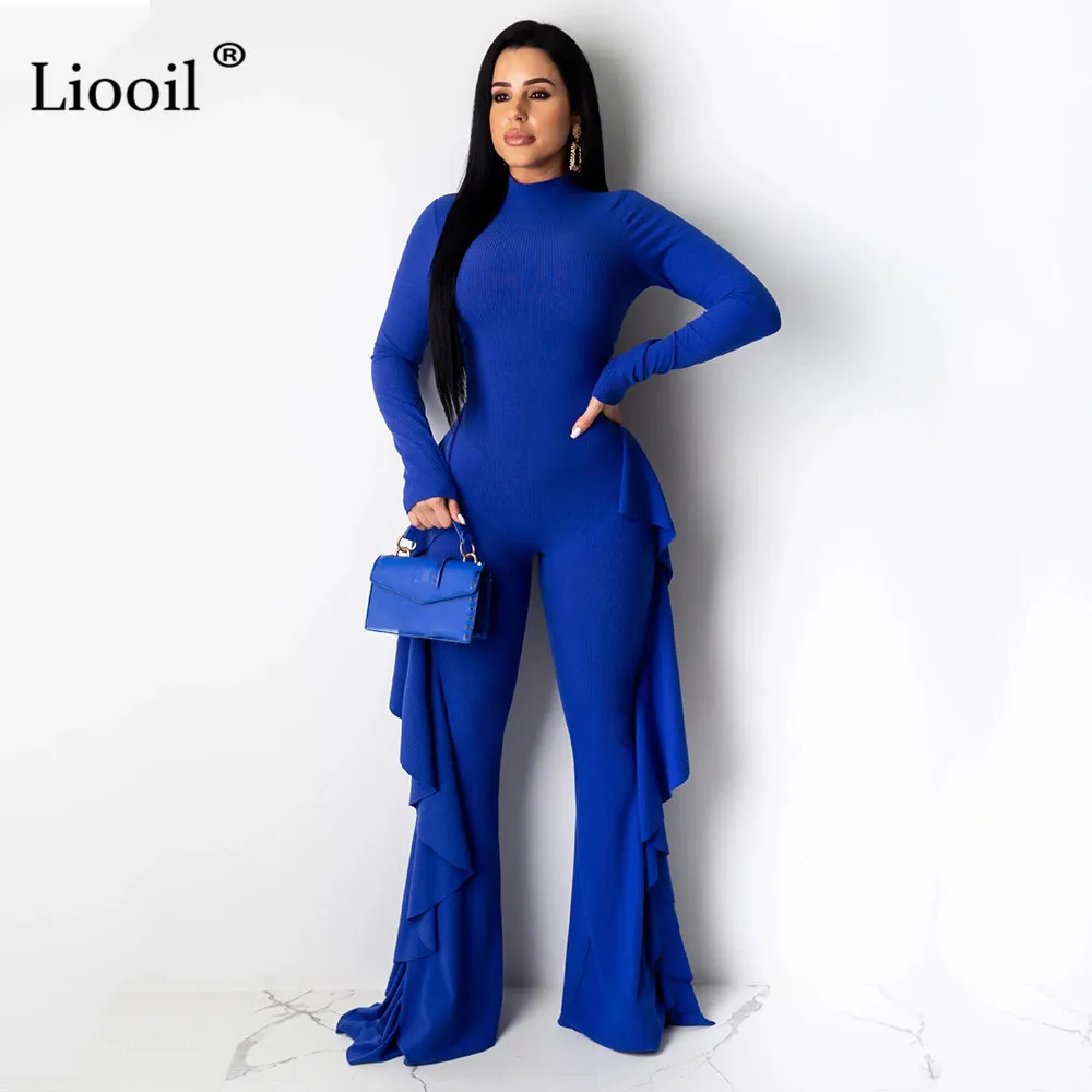 Liooil, синий, черный, сексуальный женский комбинезон с оборками,, длинные рукава, открытые, вечерние, Клубные комбинезоны, обтягивающие боди, широкие брюки
