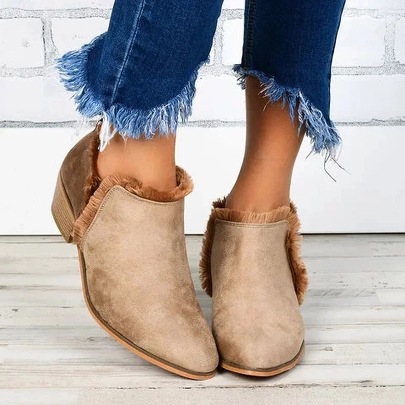 Tanie Kobiety kostki buty okrągłe Toe połowy Med obcasy pompy Slip on buty kobieta Chaussure Zapatos Mujer Gladiator jesień ciepłe botki WXZ228