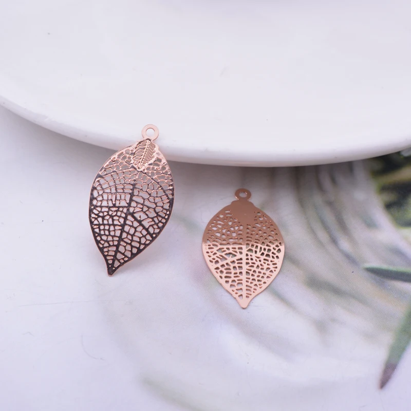 Set of 50 Painted Brass Leaf Charms - Elegant Filigree Pendants
