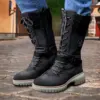 new Women Mid Height Leather Boots Warm Winter Boots with Side Zipper knitted mid-high women's boots wool stitching Marti boots 5